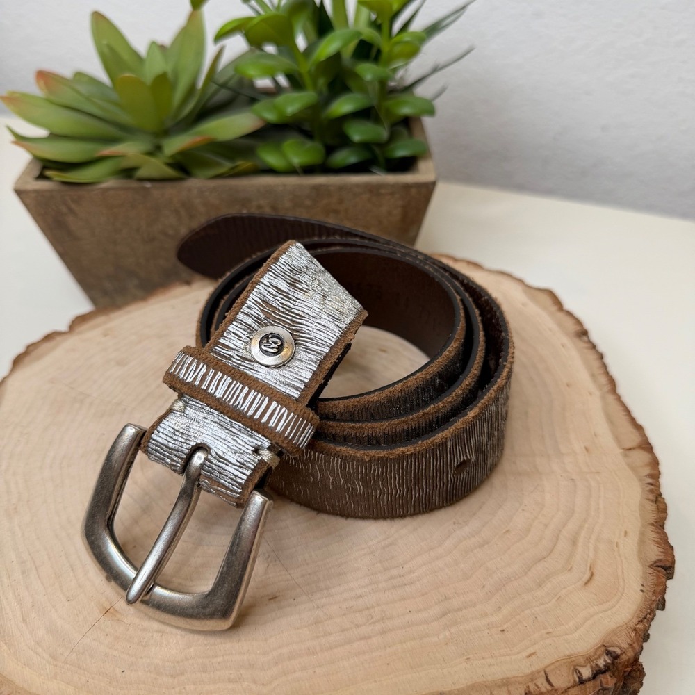 b.belt Leather Belt Womens Silver Brown Textured Handmade Germany 85
